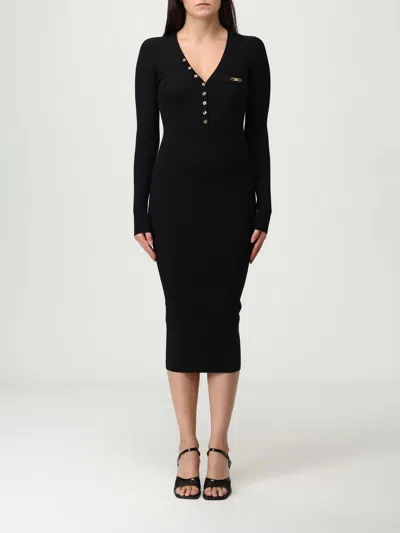 Elisabetta Franchi Black V-neck Dress With Logo Plaque On The Front In Fabric Woman In Black