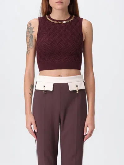 Elisabetta Franchi Cropped Sleeveless Sweater Gold Chain Detail In Burgundy