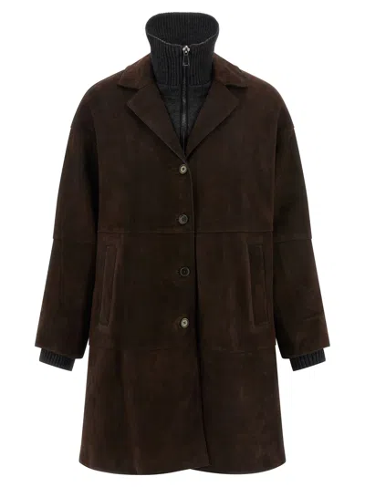 P.a.r.o.s.h Suede Coat With Knit Insert And Front Button Closure In Brown
