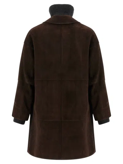 P.a.r.o.s.h Suede Coat With Knit Insert And Front Button Closure In Brown