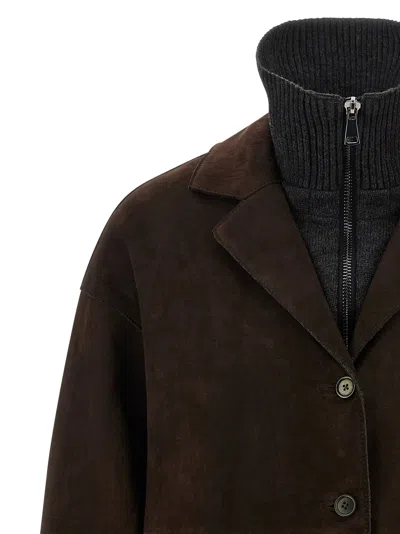 P.a.r.o.s.h Suede Coat With Knit Insert And Front Button Closure In Brown