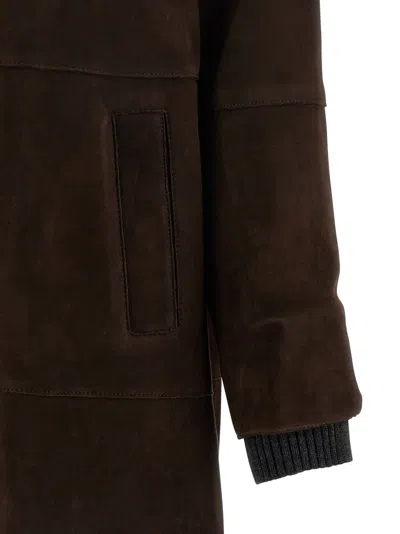 P.a.r.o.s.h Suede Coat With Knit Insert And Front Button Closure In Brown