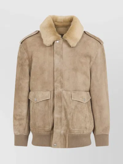 Prada Leather Jacket With Fur Collar And Epaulettes In Brown