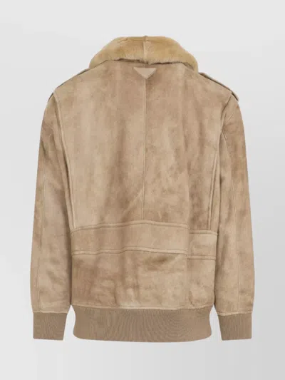 Prada Leather Jacket With Fur Collar And Epaulettes In Brown