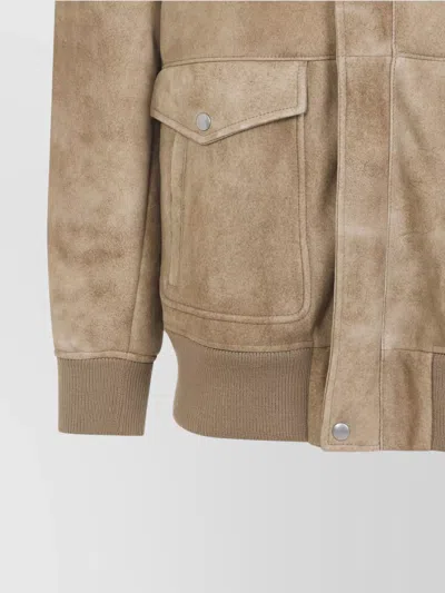 Prada Leather Jacket With Fur Collar And Epaulettes In Brown