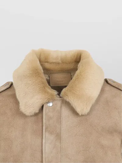Prada Leather Jacket With Fur Collar And Epaulettes In Brown
