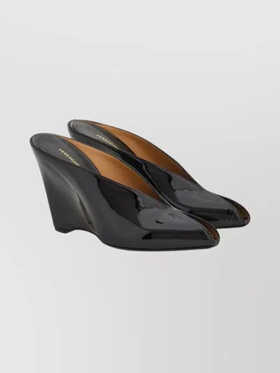 Ferragamo Leather Mules With Wedge Heel And Glossy Finish In Multi
