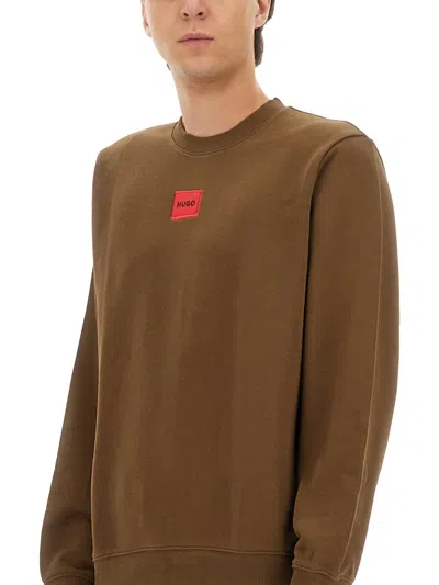 Hugo Boss Regular Fit Sweatshirt With Logo Label In Brown