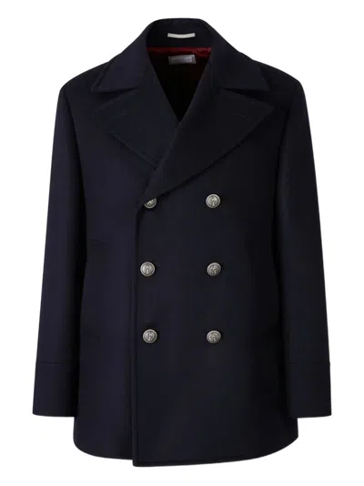Brunello Cucinelli Navy Blue Double Flannel Caban Blazer In Black