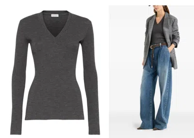 Brunello Cucinelli Fitted Long Sleeve Ribbed V Neck Top In Gray