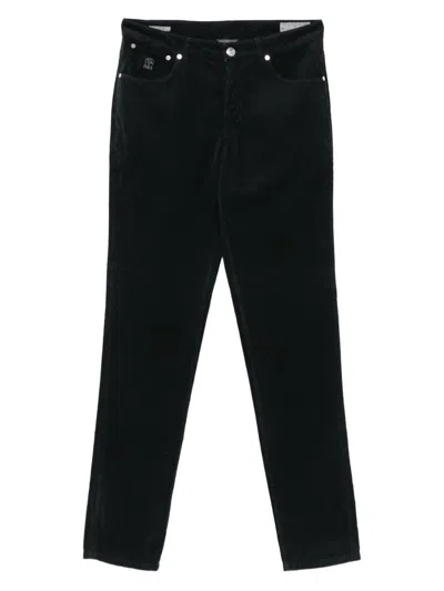 Brunello Cucinelli Italian Fit Trousers In Navy Blue Cotton Corduroy In Black