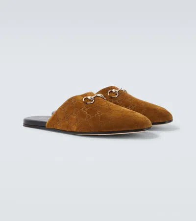 Gucci Men Brown Mule With Horsebit On The Front And All-over Gg Motif In Suede Man In Brown