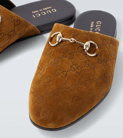 Gucci Men Brown Mule With Horsebit On The Front And All-over Gg Motif In Suede Man In Brown