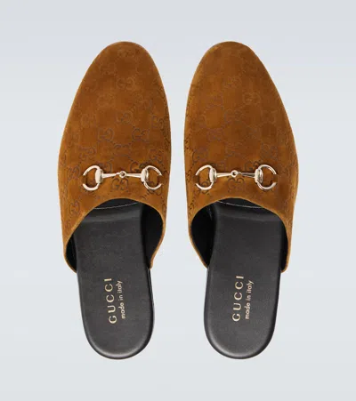 Gucci Men Brown Mule With Horsebit On The Front And All-over Gg Motif In Suede Man In Brown