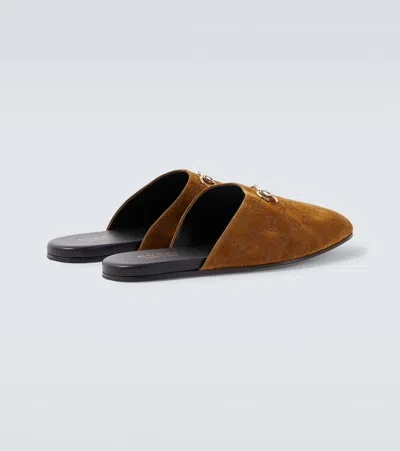 Gucci Men Brown Mule With Horsebit On The Front And All-over Gg Motif In Suede Man In Brown