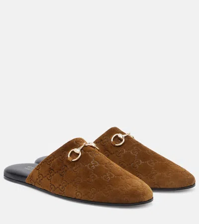 Gucci Women Brown Mule With Horsebit On The Front And All-over Gg Motif In Suede Woman In Brown