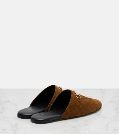 Gucci Women Brown Mule With Horsebit On The Front And All-over Gg Motif In Suede Woman In Brown