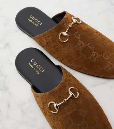Gucci Women Brown Mule With Horsebit On The Front And All-over Gg Motif In Suede Woman In Brown