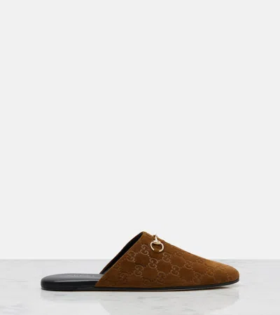 Gucci Women Brown Mule With Horsebit On The Front And All-over Gg Motif In Suede Woman In Brown