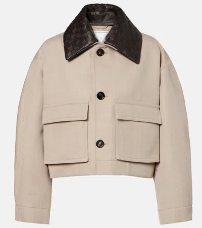 Bottega Veneta Cropped Intrecciato Leather-trimmed Wool-twill Jacket In Neutral