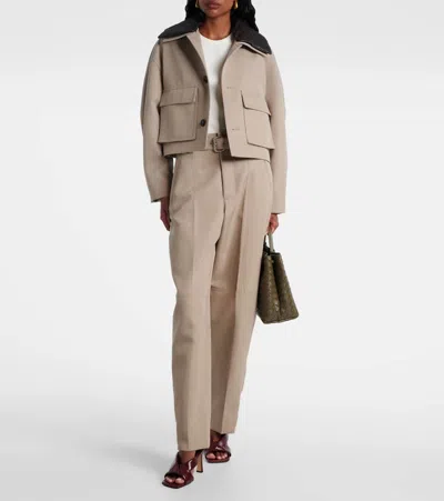 Bottega Veneta Cropped Intrecciato Leather-trimmed Wool-twill Jacket In Neutral