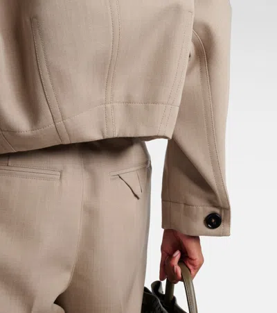 Bottega Veneta Cropped Intrecciato Leather-trimmed Wool-twill Jacket In Neutral