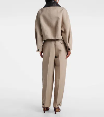 Bottega Veneta Cropped Intrecciato Leather-trimmed Wool-twill Jacket In Neutral
