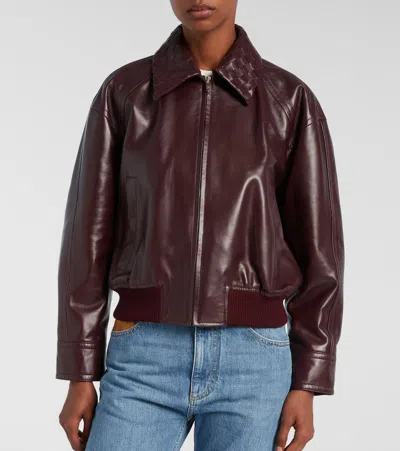 Bottega Veneta Women Bordeaux Crop Jacket With Intreccio Motif Collar And Dropped Shoulders In Leath In Burgundy
