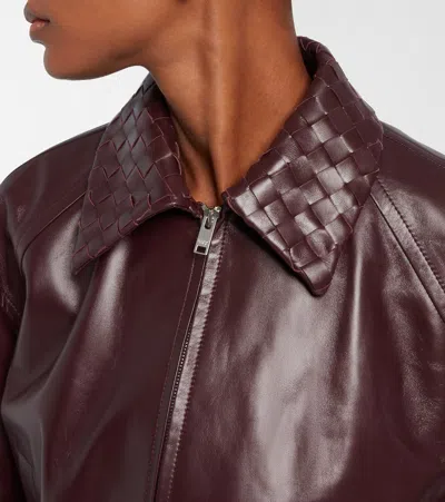Bottega Veneta Women Bordeaux Crop Jacket With Intreccio Motif Collar And Dropped Shoulders In Leath In Burgundy