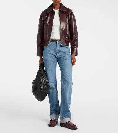 Bottega Veneta Women Bordeaux Crop Jacket With Intreccio Motif Collar And Dropped Shoulders In Leath In Burgundy
