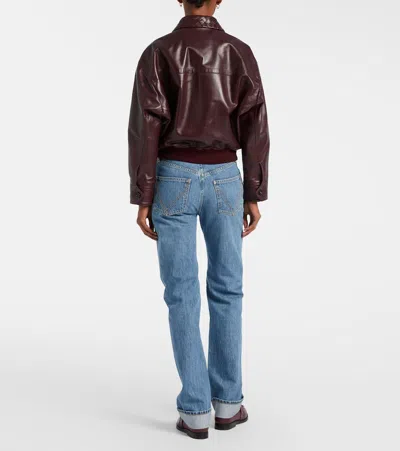 Bottega Veneta Women Bordeaux Crop Jacket With Intreccio Motif Collar And Dropped Shoulders In Leath In Burgundy