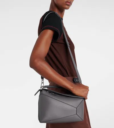 Loewe Puzzle Edge Small Shoulder Bag In Leather In Gray