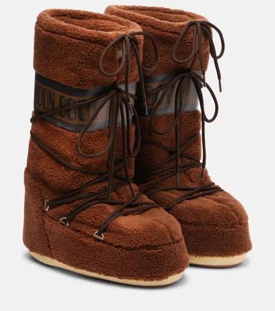 Moon Boot Icon Faux Leather-trimmed Fleece Snow Boots In Brown