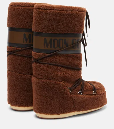 Moon Boot Icon Faux Leather-trimmed Fleece Snow Boots In Brown