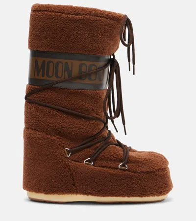 Moon Boot Icon Faux Leather-trimmed Fleece Snow Boots In Brown