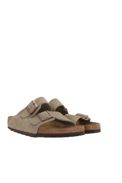Birkenstock Buckle Logo Suede Sandals In Neutral