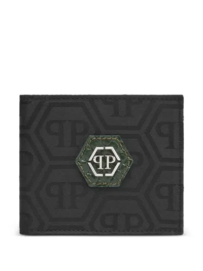 Philipp Plein Nylon And Leather French Wallet Monogram In Black