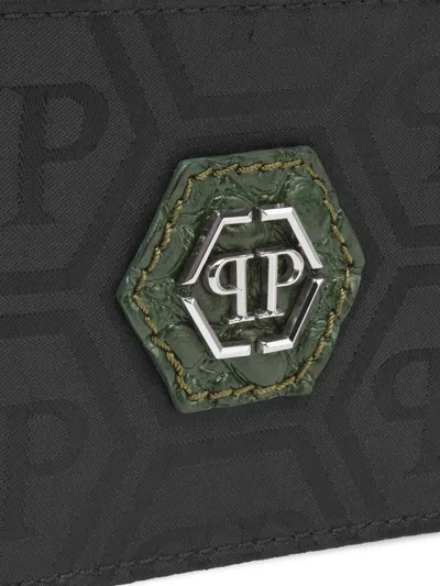 Philipp Plein Nylon And Leather Cardholder Monogram In Black