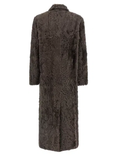 Brunello Cucinelli Long Faux Fur Coat With Notched Lapels In Blue