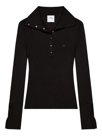Courrèges Fitted Ribbed Long-sleeve Top With Unique Collar In Black