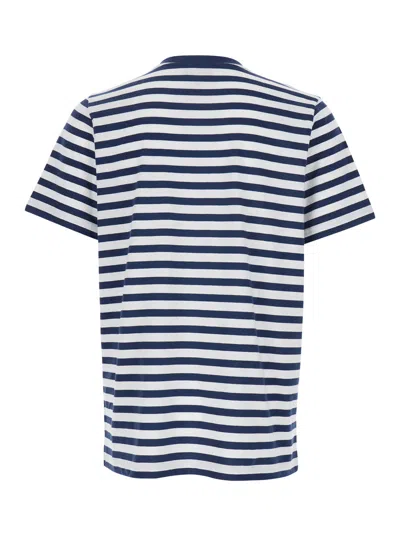 Apc A.p.c. Men Blue T-shirt With Striped Motif And Logo Embroidered On The Front In Cotton Man In White