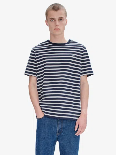 Apc A.p.c. Men Blue T-shirt With Striped Motif And Logo Embroidered On The Front In Cotton Man In White
