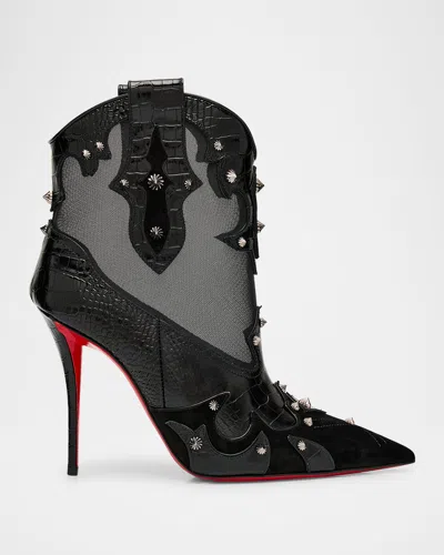 Christian Louboutin Bootytiag Croc-embossed Leather And Mesh Red Sole Western Booties In Animal Print