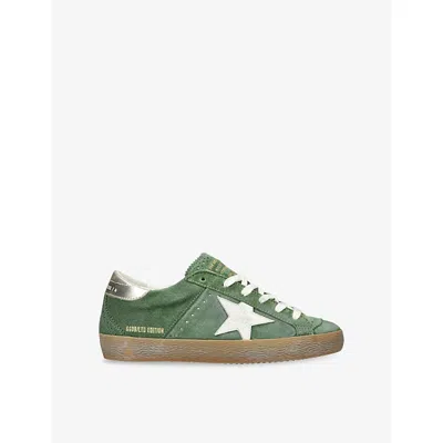 Golden Goose Super-star Distressed Suede And Metallic Leather Sneakers In Green
