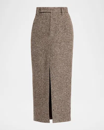 Brunello Cucinelli Diagonal Wool Tweed Midi Sartorial Pencil Skirt In Brown