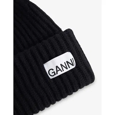 Ganni Womens Black Logo-patch Wool-blend Beanie Hat In Black