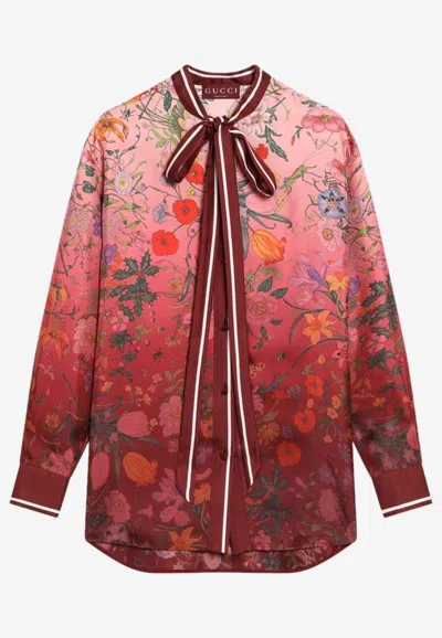 Gucci Bordeaux Shirt With Collar With Bow And All-over Flora Print In Silk Woman In Multi