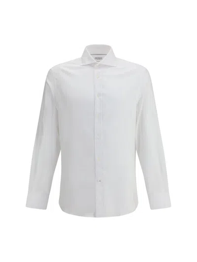 Brunello Cucinelli Linen Shirt With Back Yoke And Curved Hem In White