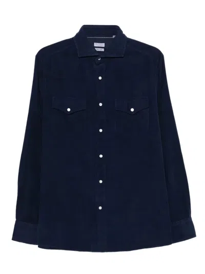 Brunello Cucinelli Men Easy Fit Western Shirt In Corduroy In Blue