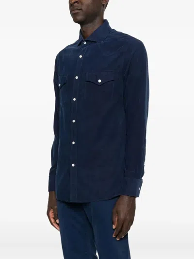 Brunello Cucinelli Men Easy Fit Western Shirt In Corduroy In Blue